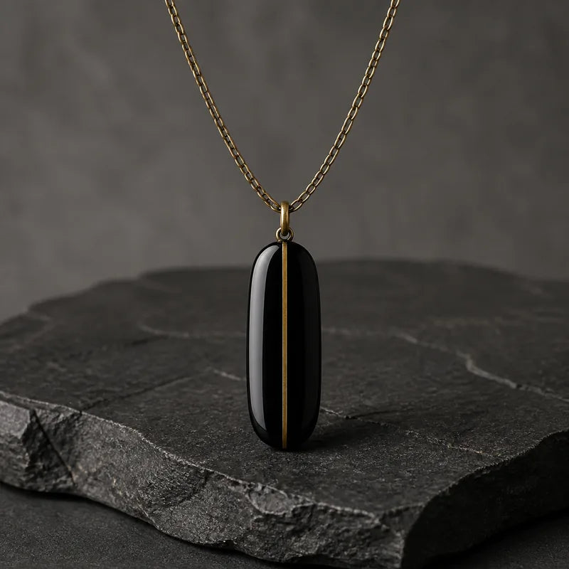 Black pendant with a narrow gold-tone inlay suspended over dark stone