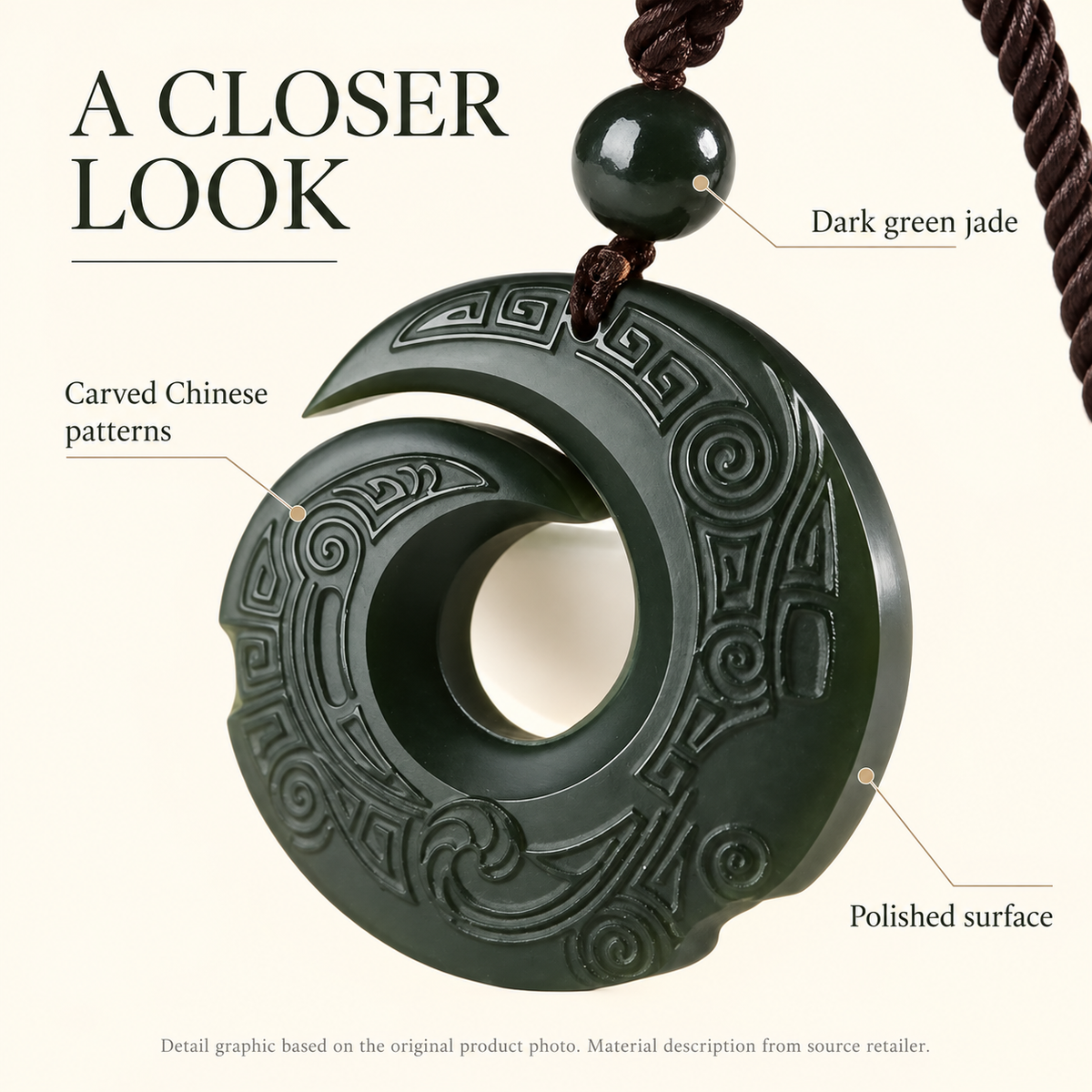 Carved Nephrite Jade Pendant Necklace — size and detail guide based on the product photograph (AI-assisted layout)