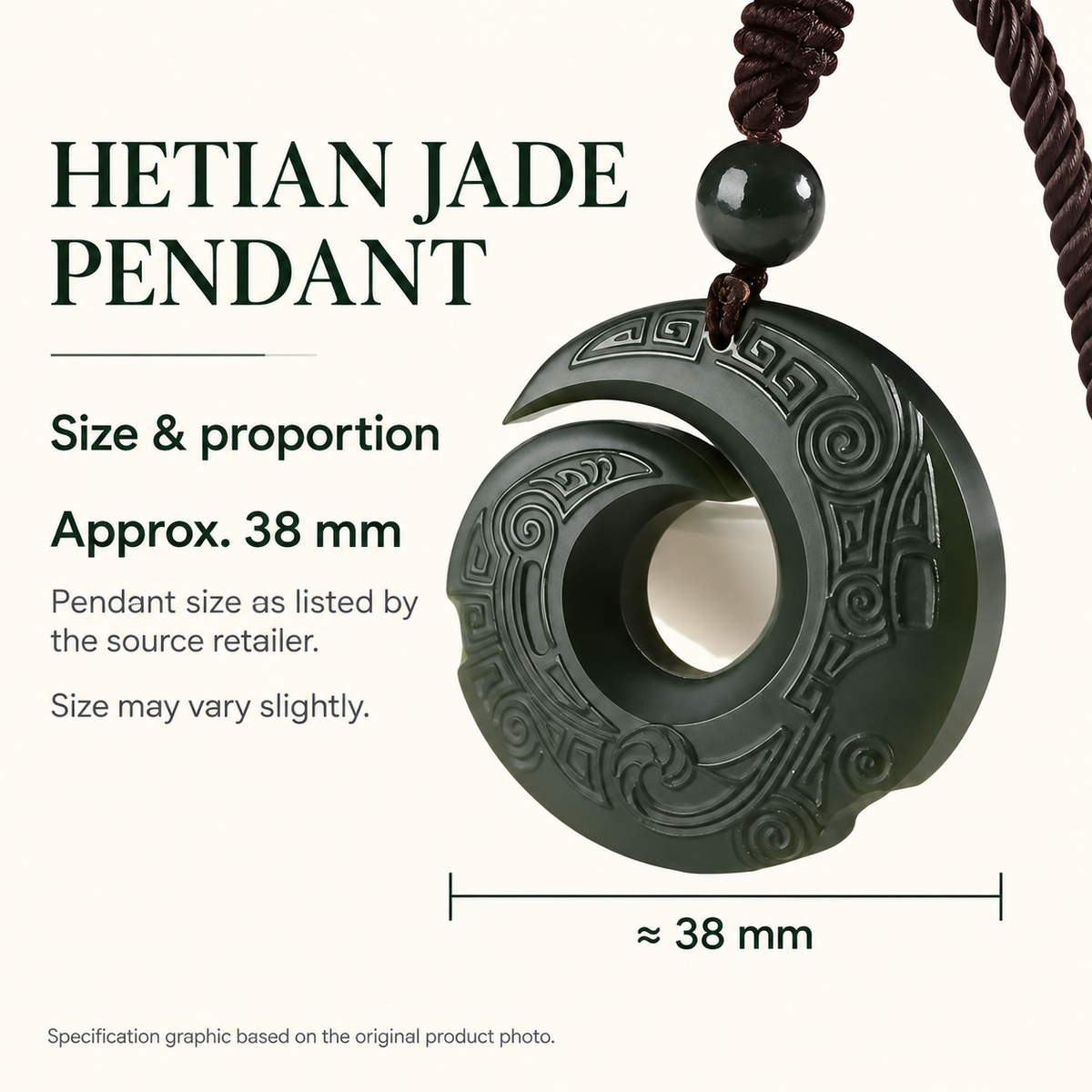 Carved Nephrite Jade Pendant Necklace — size and detail guide based on the product photograph (AI-assisted layout)