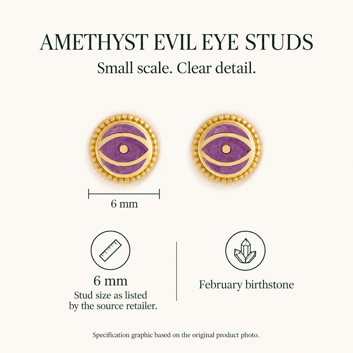 Amethyst Evil Eye Stud Earrings — 6 mm size guide based on the product photograph (AI-assisted layout)