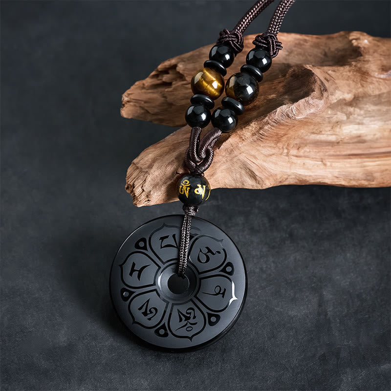 Black Obsidian Buckle Engraved Braided Necklace — necklace view 2