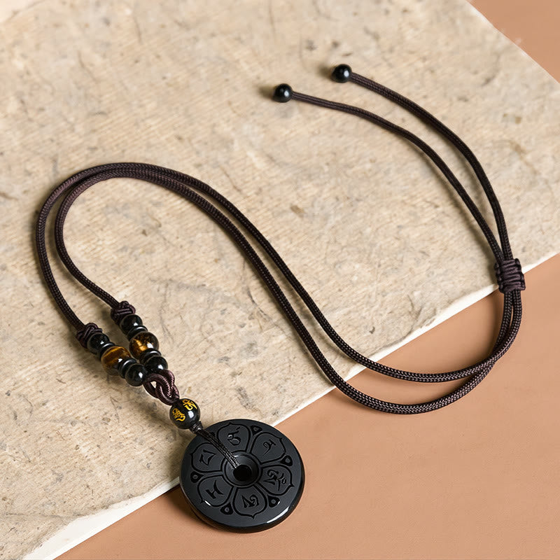 Black Obsidian Buckle Engraved Braided Necklace — necklace view 3