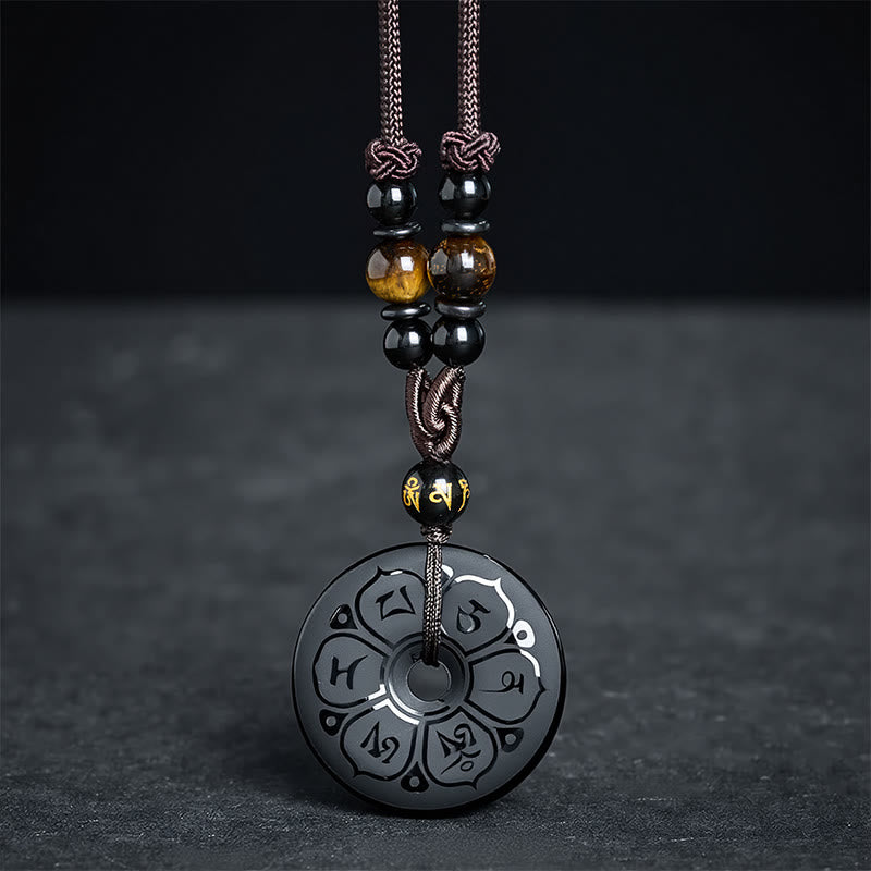 Black Obsidian Buckle Engraved Braided Necklace — necklace view 4