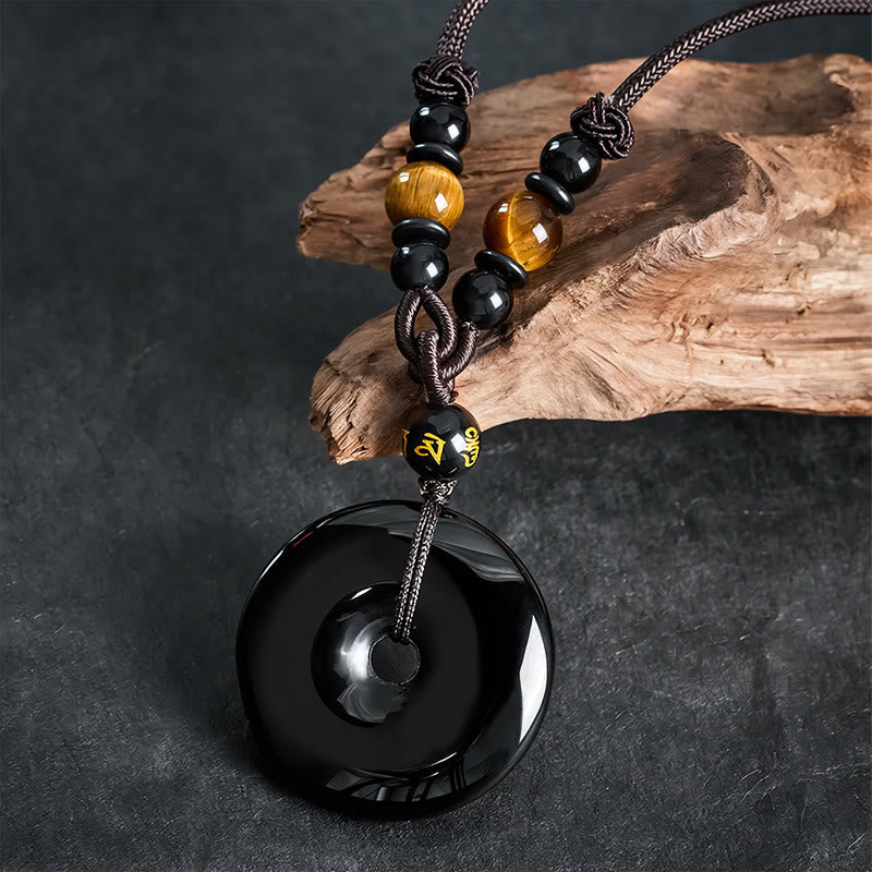 Black Obsidian Buckle Engraved Braided Necklace — necklace view 5
