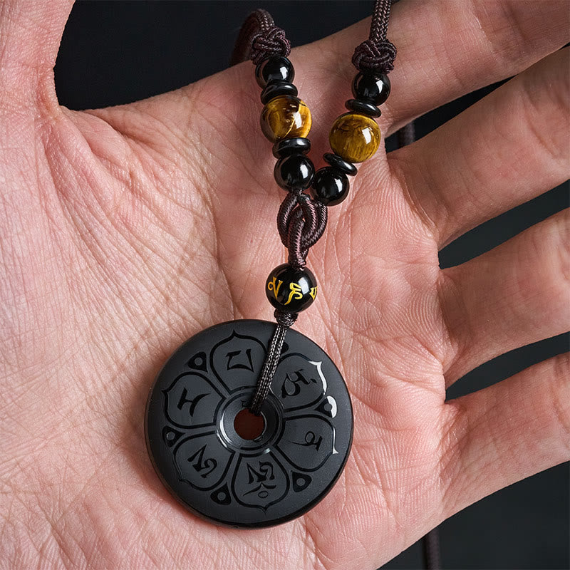 Black Obsidian Buckle Engraved Braided Necklace — necklace view 8