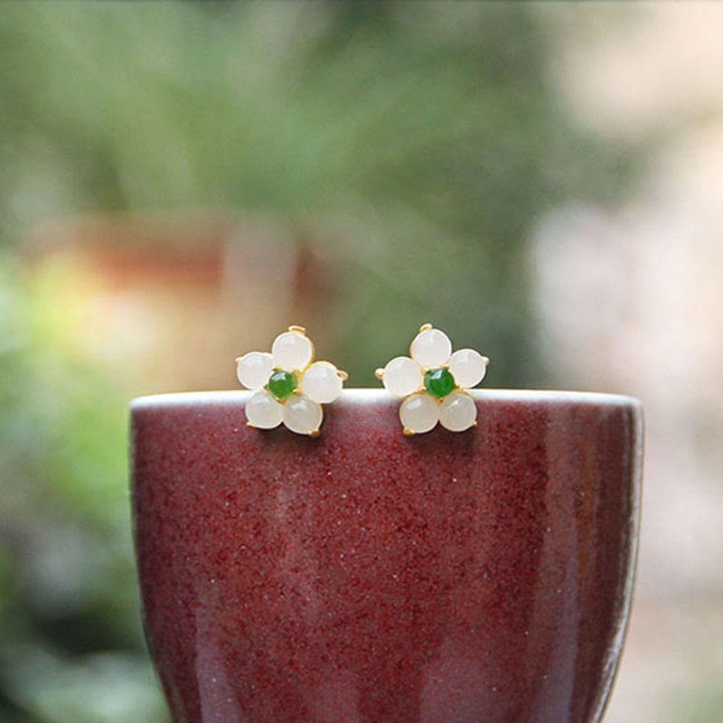 White Jade Flower Stud Earrings — product view 3