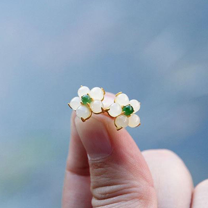 White Jade Flower Stud Earrings — product view 5