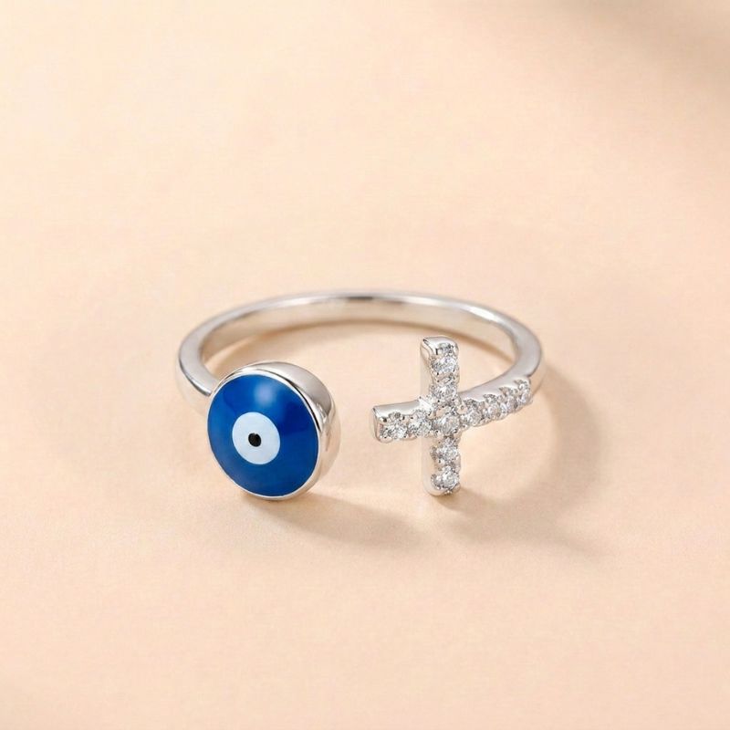 Copper Evil Eye Ring Zircon-Studded Cross — ring view 1