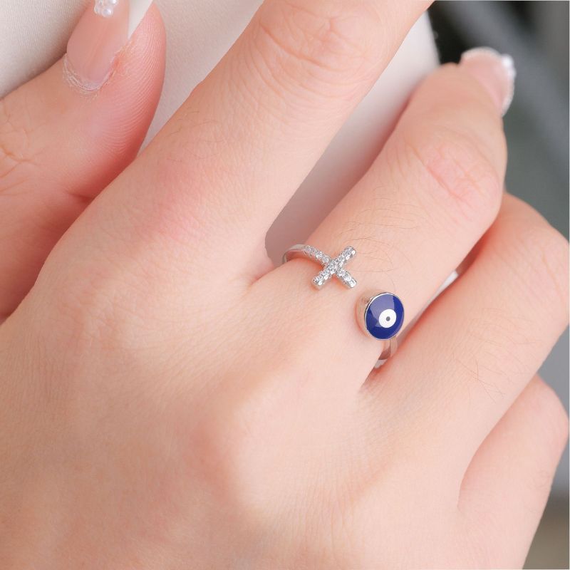 Copper Evil Eye Ring Zircon-Studded Cross — ring view 2