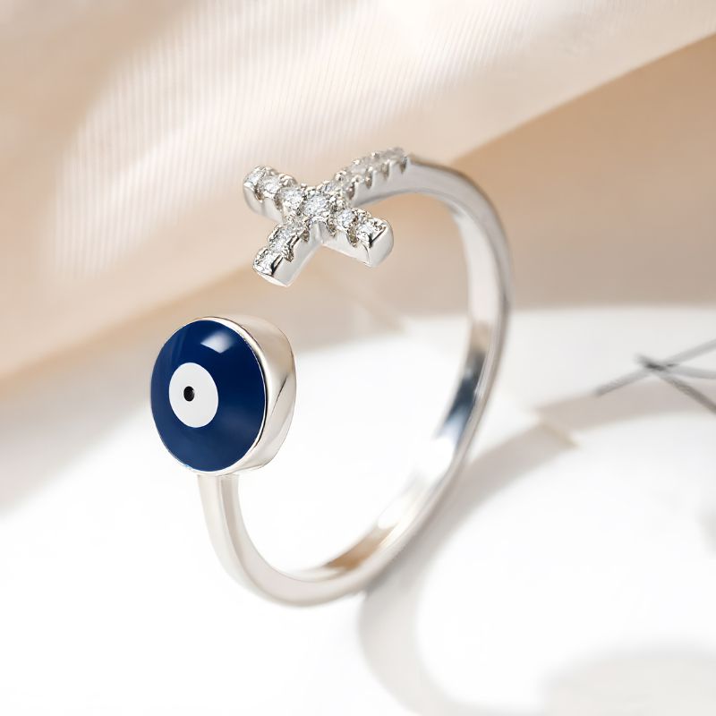 Copper Evil Eye Ring Zircon-Studded Cross — ring view 3