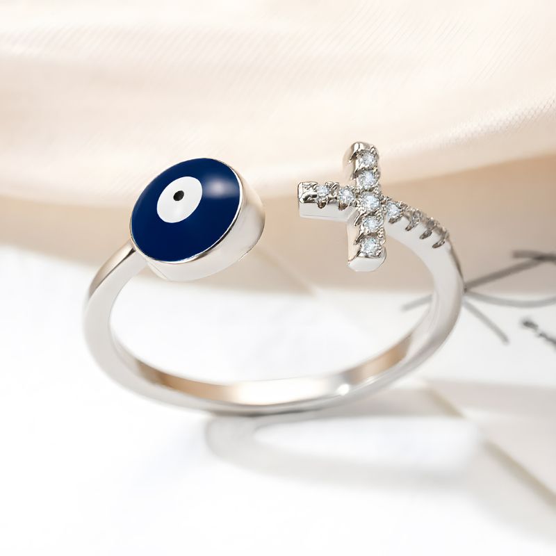 Copper Evil Eye Ring Zircon-Studded Cross — ring view 4