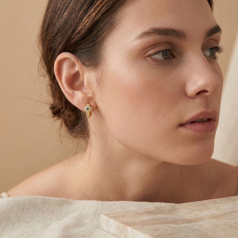 Copper Huggies-Style Evil Eye Earrings Gold & Silver — earring view 2