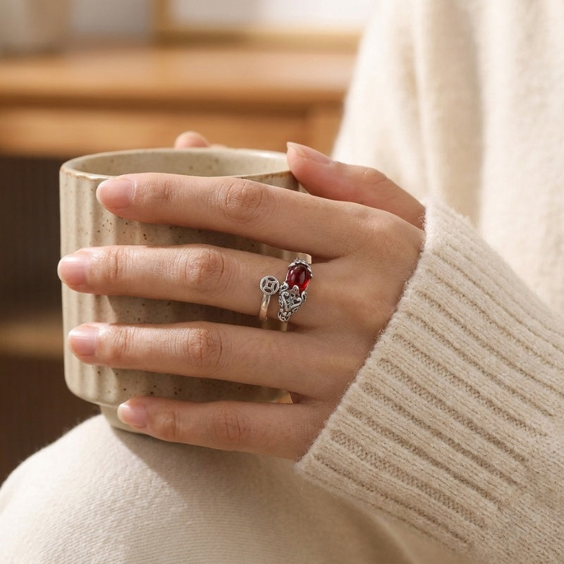 Copper Pixiu Ring Chinese Coin Charm — ring view 2
