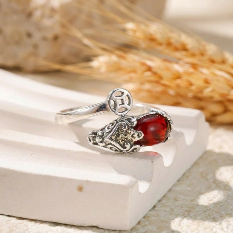 Copper Pixiu Ring Chinese Coin Charm — ring view 6