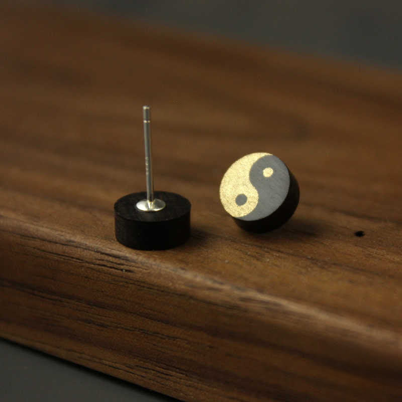 Ebony Wood Yin Yang Stud Earrings — earring view 1