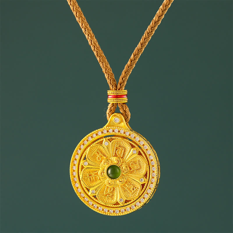 Gold Plated Brass Om Mani Padme Hum Rotating Round Necklace — necklace view 1