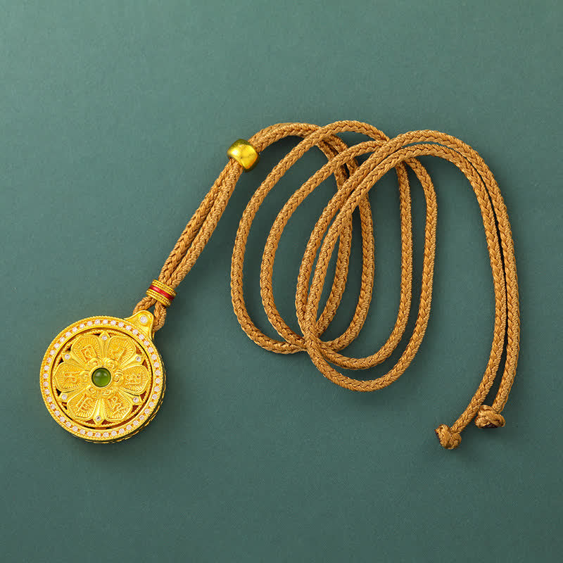 Gold Plated Brass Om Mani Padme Hum Rotating Round Necklace — necklace view 2