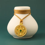 Gold Plated Brass Om Mani Padme Hum Rotating Round Necklace — necklace view 3