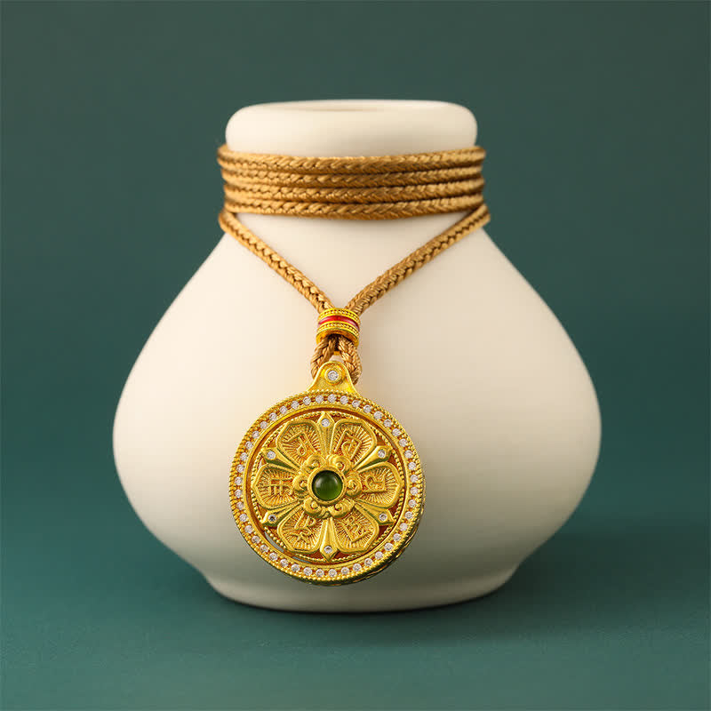 Gold Plated Brass Om Mani Padme Hum Rotating Round Necklace — necklace view 3
