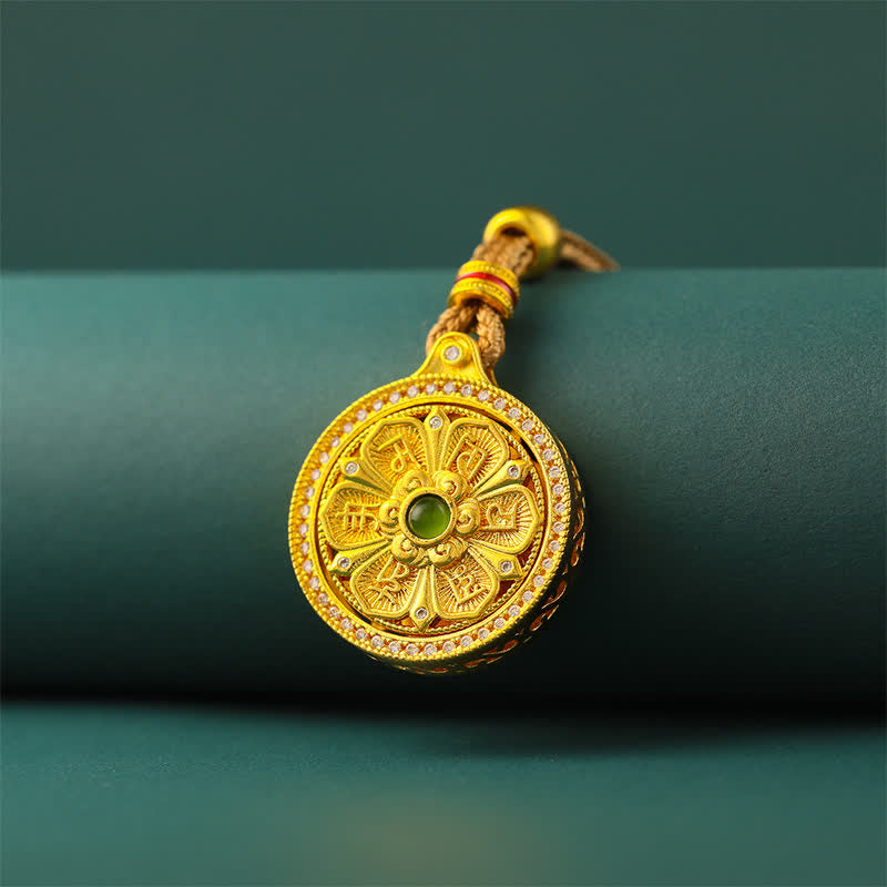 Gold Plated Brass Om Mani Padme Hum Rotating Round Necklace — necklace view 4