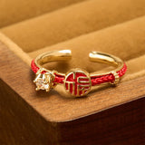 Red String Round Fu Character Open Ring — ring view 1