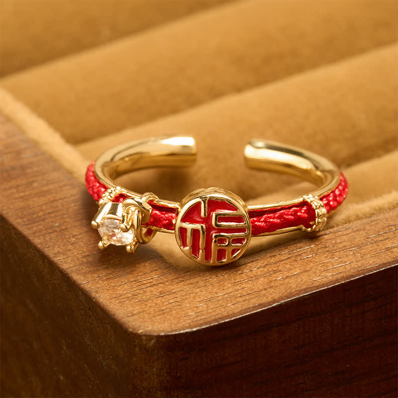 Red String Round Fu Character Open Ring — ring view 1
