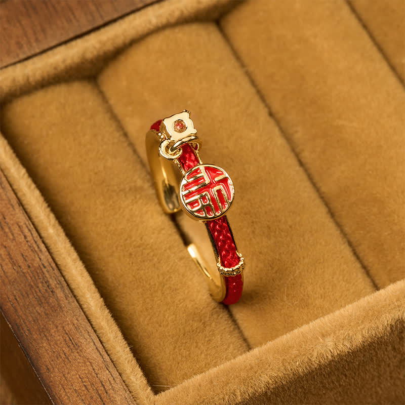 Red String Round Fu Character Open Ring — ring view 2