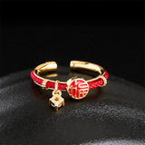 Red String Round Fu Character Open Ring — ring view 3
