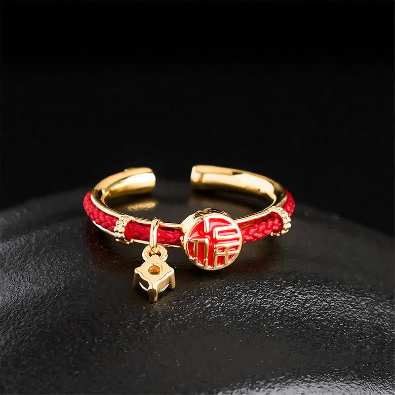 Red String Round Fu Character Open Ring — ring view 3