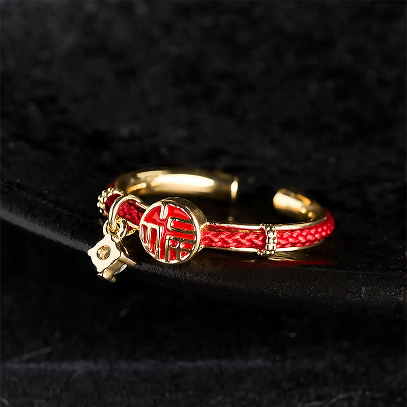 Red String Round Fu Character Open Ring — ring view 4