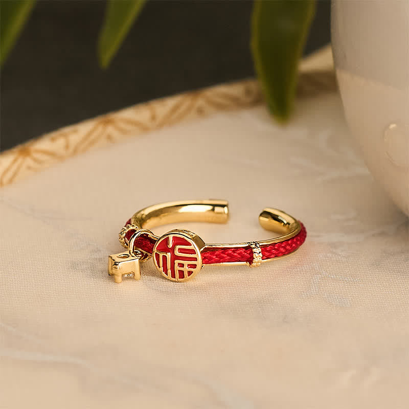 Red String Round Fu Character Open Ring — ring view 6
