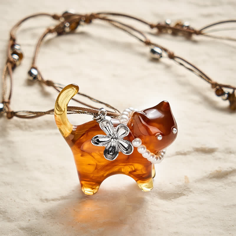 Resin Black Brown Cat Flower Pearl Bead Necklace — necklace view 1