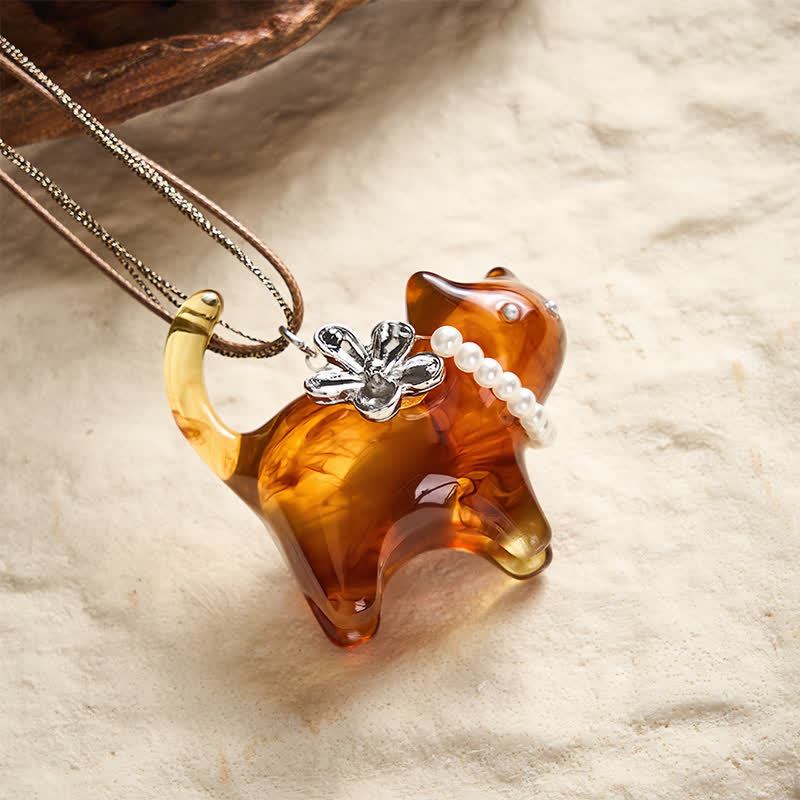 Resin Black Brown Cat Flower Pearl Bead Necklace — necklace view 3