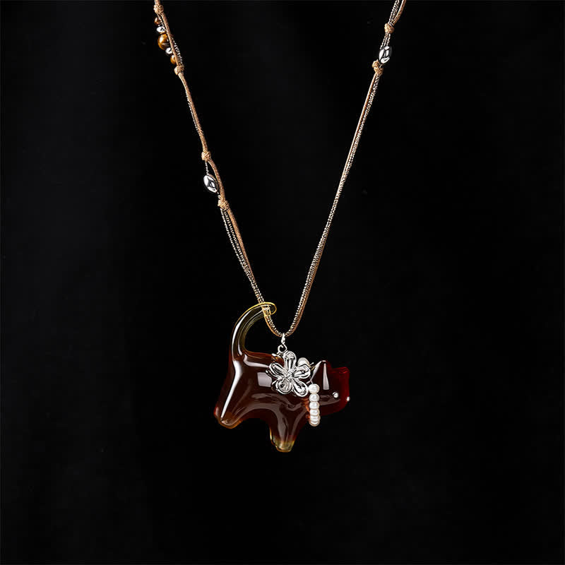 Resin Black Brown Cat Flower Pearl Bead Necklace — necklace view 5
