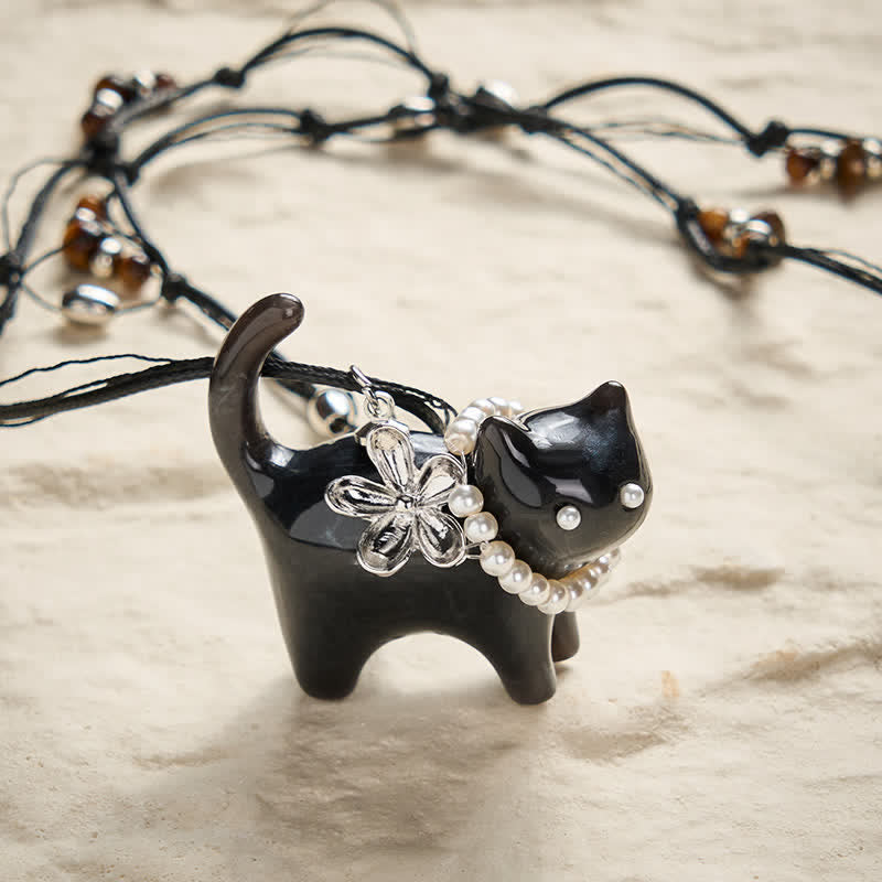 Resin Black Brown Cat Flower Pearl Bead Necklace — necklace view 7