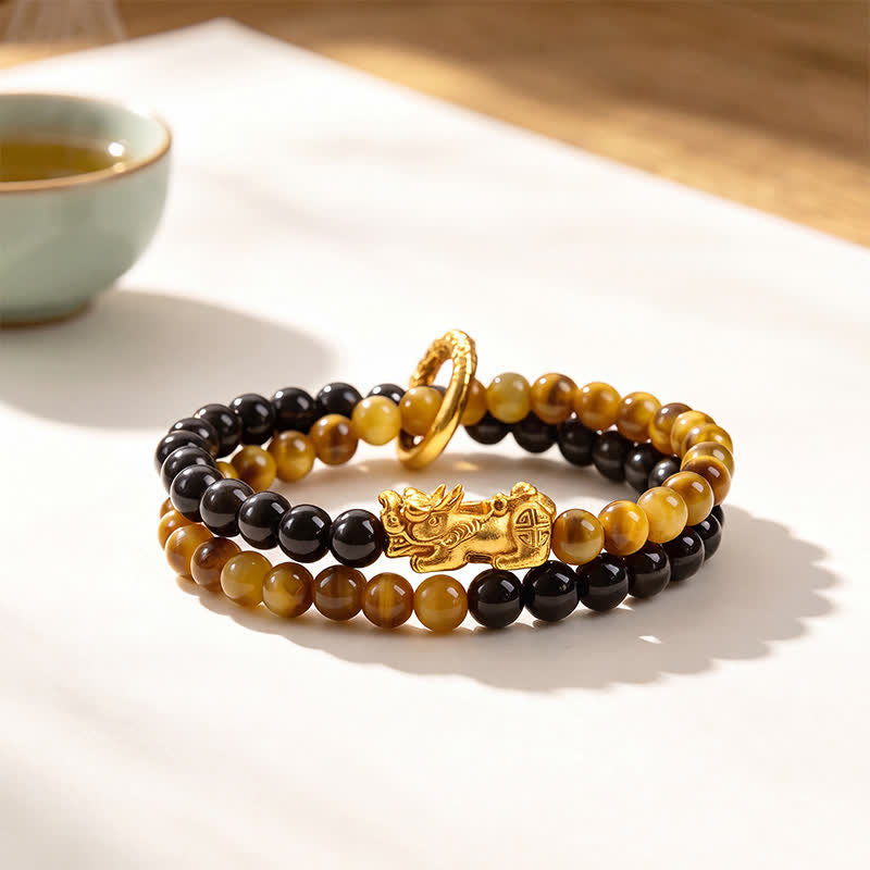 Tiger Eye Silver Sheen Obsidian Pi Xiu Double Wrap Bracelet — bracelet view 1