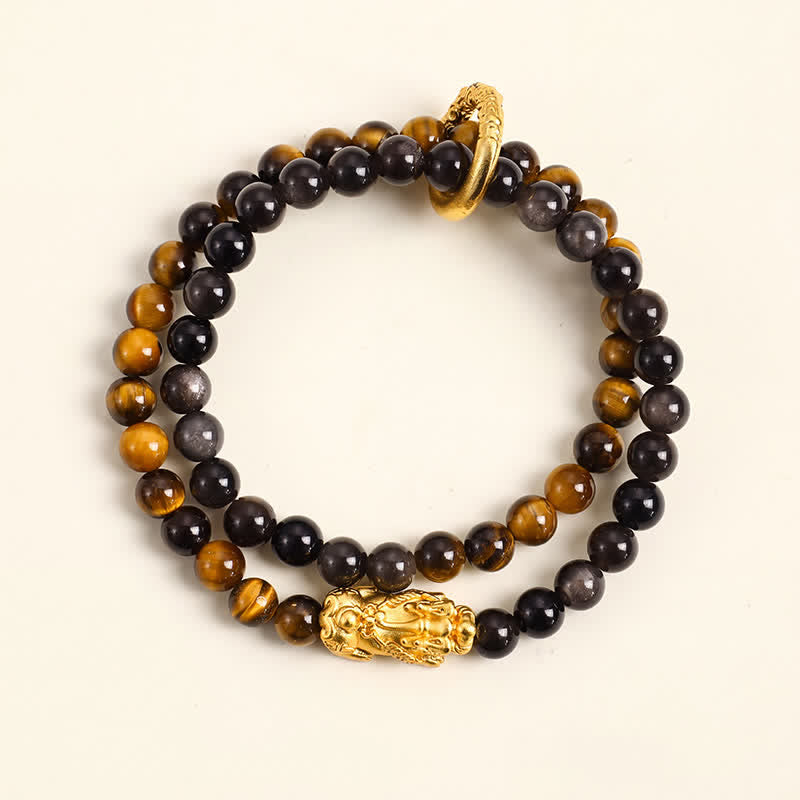 Tiger Eye Silver Sheen Obsidian Pi Xiu Double Wrap Bracelet — bracelet view 3