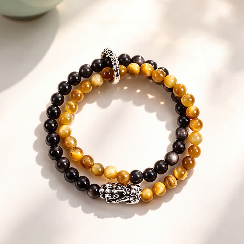 Tiger Eye Silver Sheen Obsidian Pi Xiu Double Wrap Bracelet — bracelet view 4
