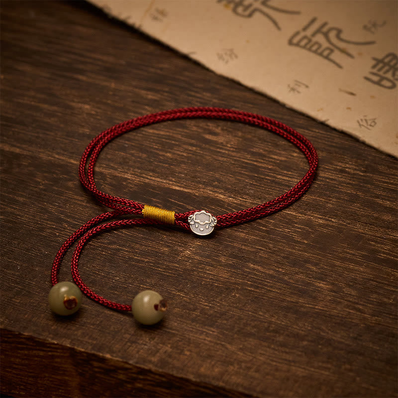 Vintage 925 Sterling Silver Chinese Zodiac Braided Red String Bracelet — bracelet view 1