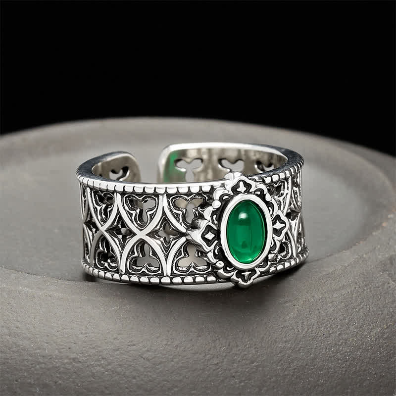 Vintage Green Agate Engraved Open Ring — ring view 1