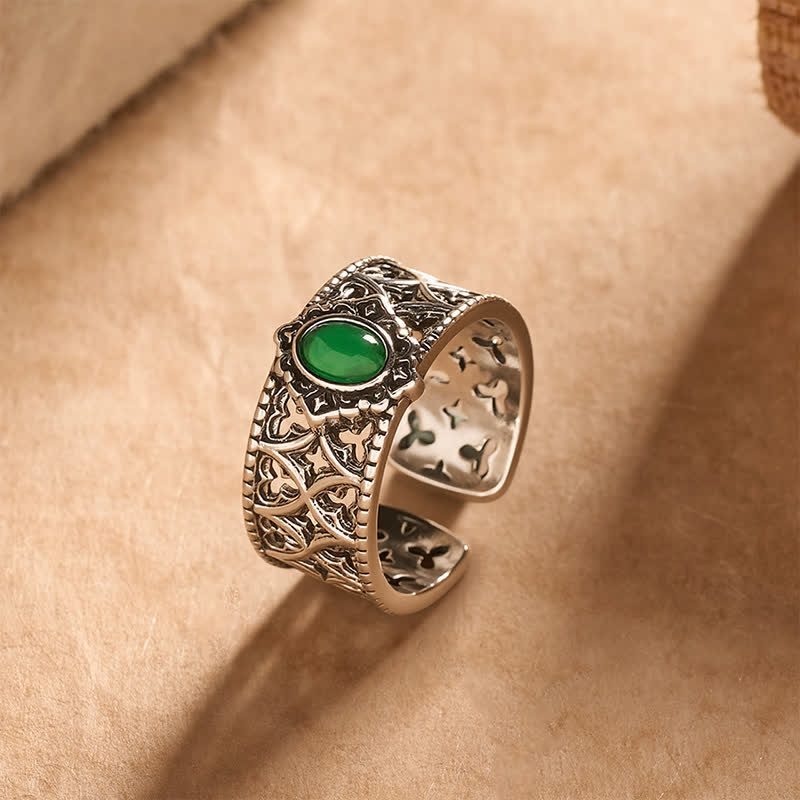 Vintage Green Agate Engraved Open Ring — ring view 2