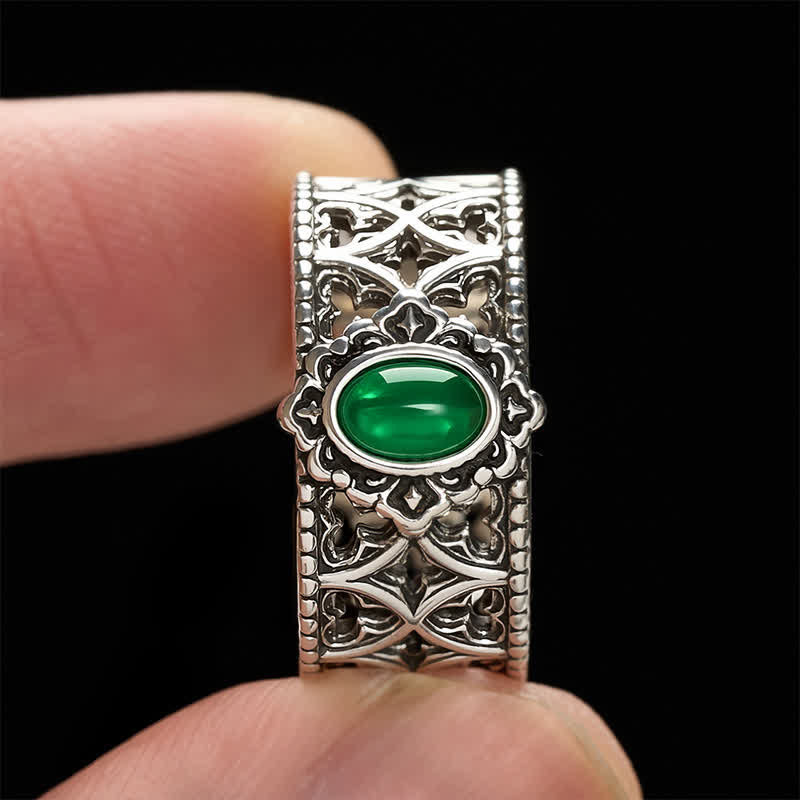 Vintage Green Agate Engraved Open Ring — ring view 4