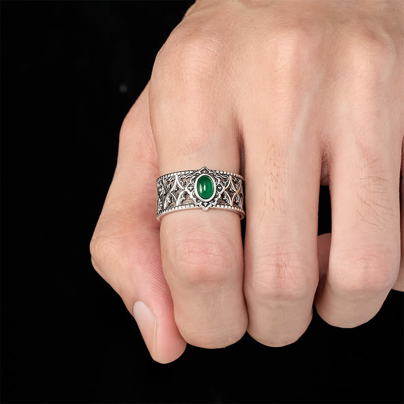 Vintage Green Agate Engraved Open Ring — ring view 5
