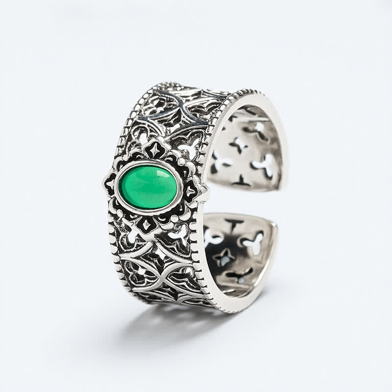 Vintage Green Agate Engraved Open Ring — ring view 6