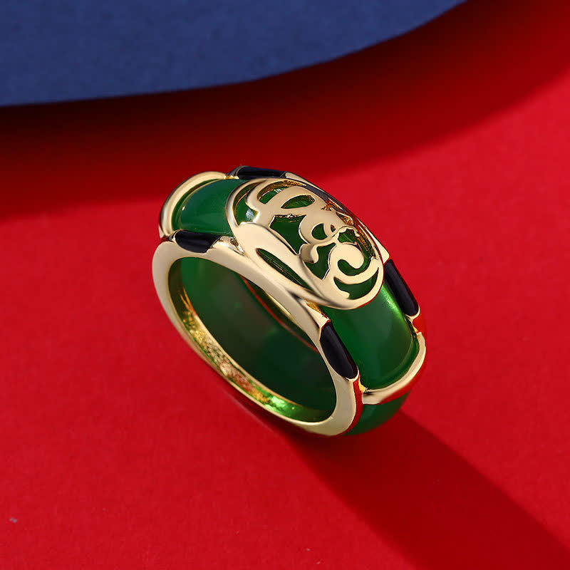 Vintage Green Jade Fu Character Pattern Ring — ring view 1