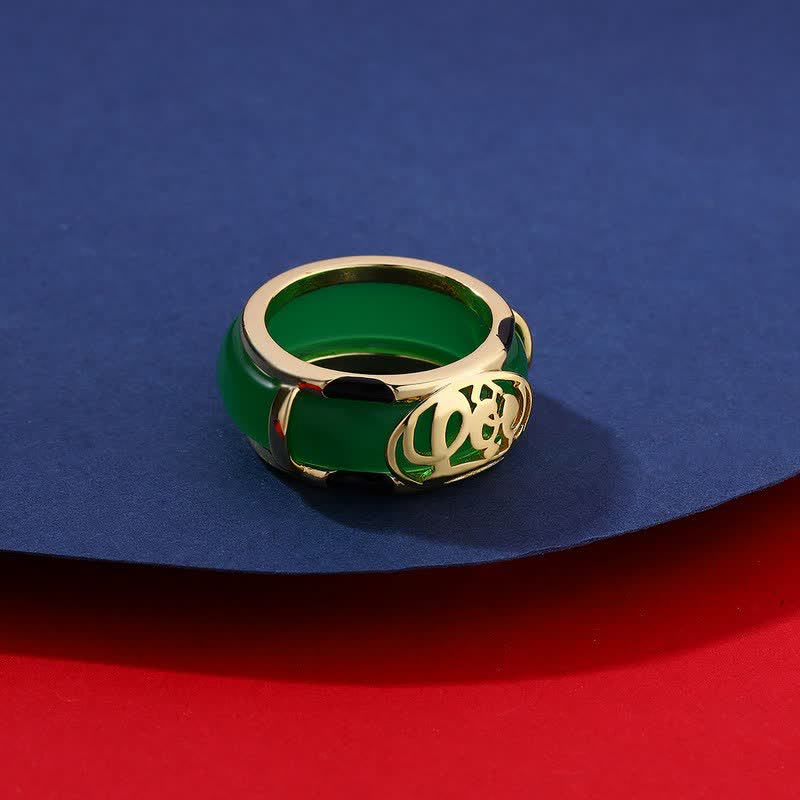 Vintage Green Jade Fu Character Pattern Ring — ring view 4