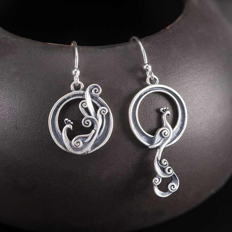 Asymmetric Silver Peacock Drop Earrings — product view 1