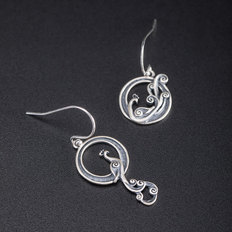 Asymmetric Silver Peacock Drop Earrings — product view 2