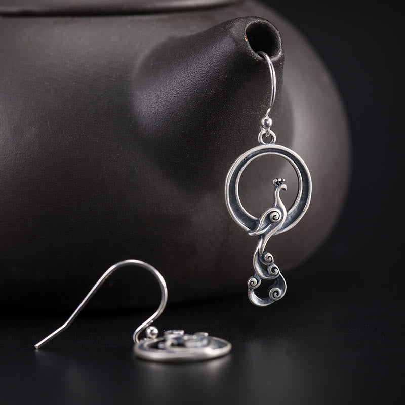 Asymmetric Silver Peacock Drop Earrings — product view 5