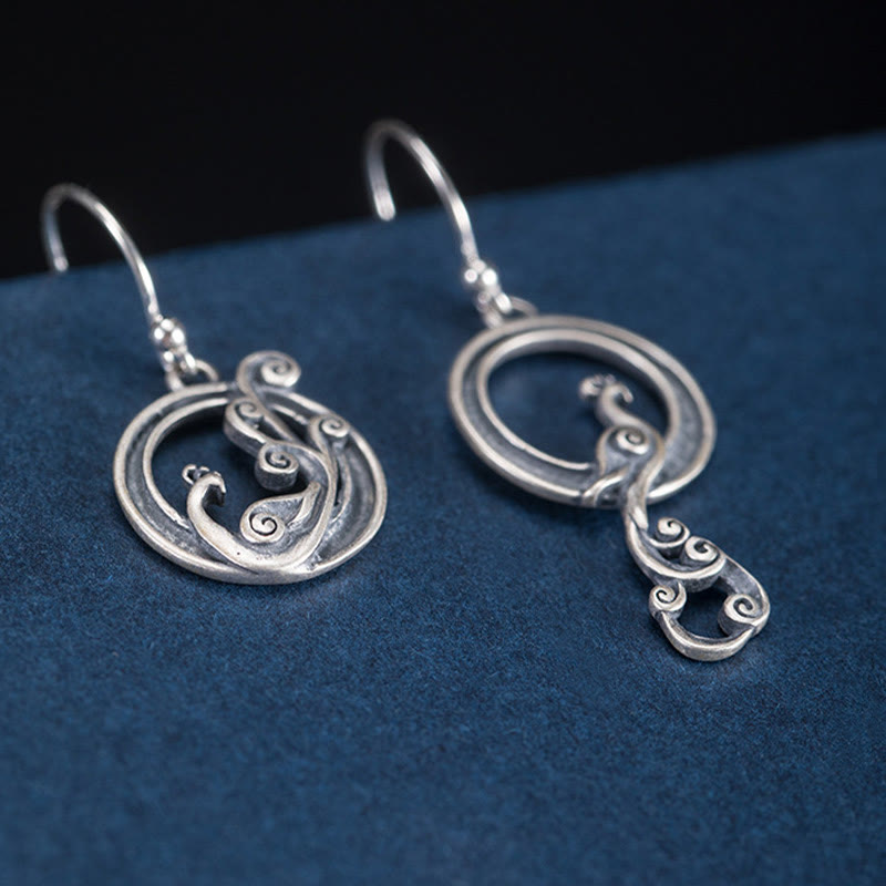 Asymmetric Silver Peacock Drop Earrings — product view 6